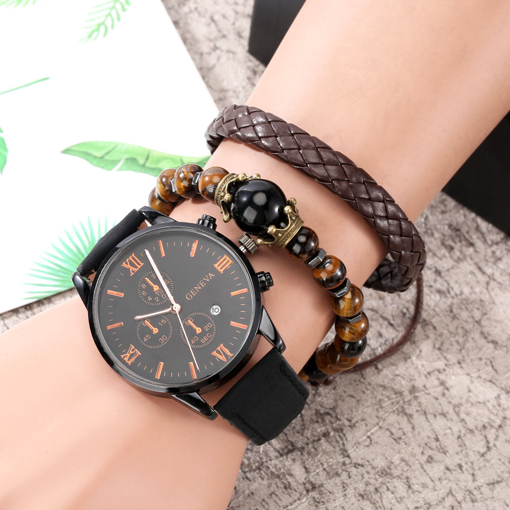 Personality Men's Watch Bracelets Gift Set Luxury Leather Quartz Date Watches with Box for Boyfriend Gifts Idea for Father's Day