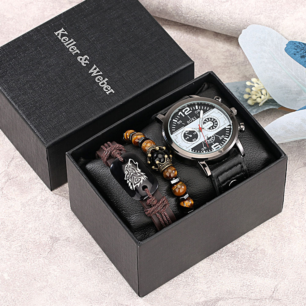 Personality Men's Watch Bracelets Gift Set Luxury Leather Quartz Date Watches with Box for Boyfriend Gifts Idea for Father's Day
