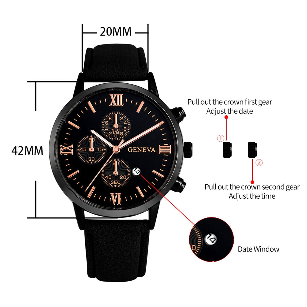 Personality Men's Watch Bracelets Gift Set Luxury Leather Quartz Date Watches with Box for Boyfriend Gifts Idea for Father's Day