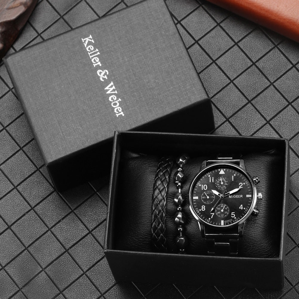 Personality Men's Watch Bracelets Gift Set Luxury Leather Quartz Date Watches with Box for Boyfriend Gifts Idea for Father's Day