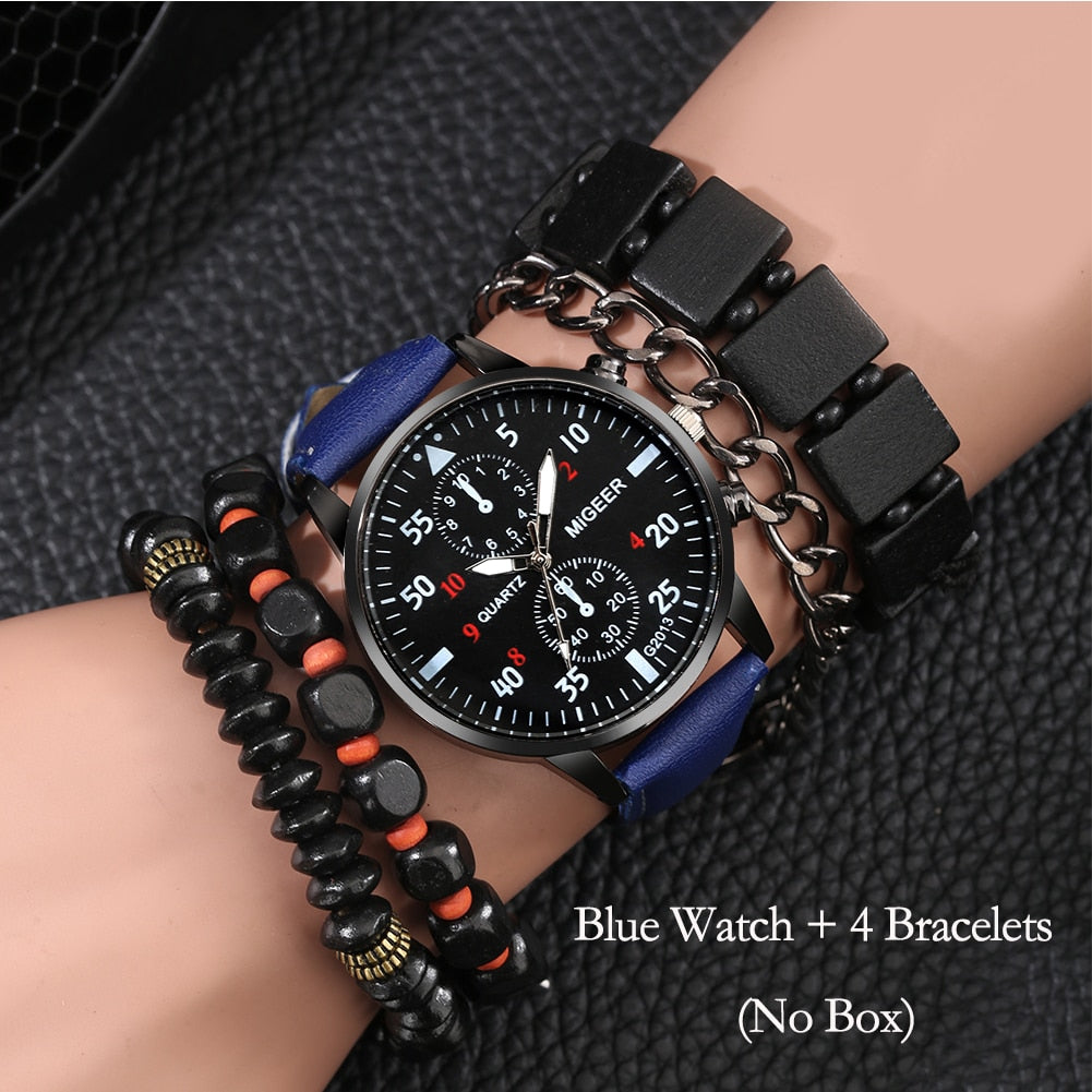 Personality Men's Watch Bracelets Gift Set Luxury Leather Quartz Date Watches with Box for Boyfriend Gifts Idea for Father's Day