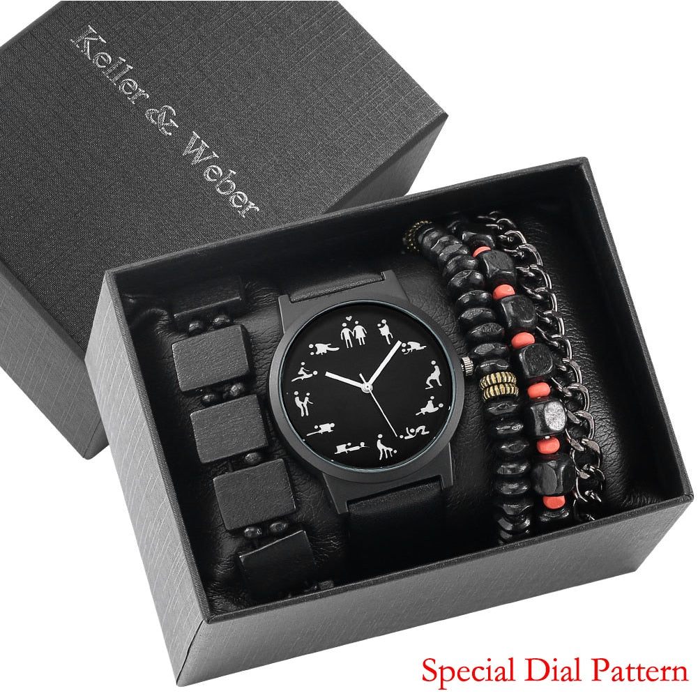 Personality Men's Watch Bracelets Gift Set Luxury Leather Quartz Date Watches with Box for Boyfriend Gifts Idea for Father's Day