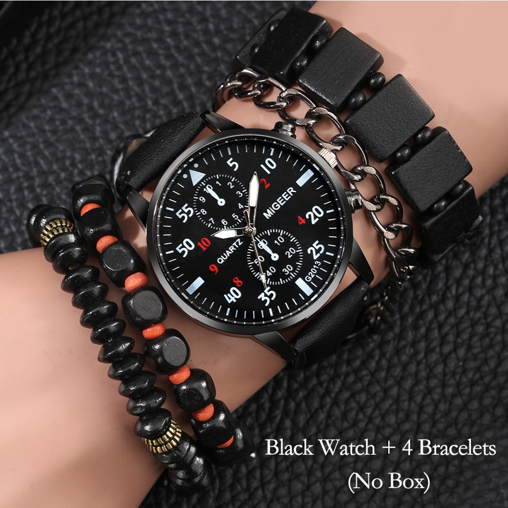 Personality Men's Watch Bracelets Gift Set Luxury Leather Quartz Date Watches with Box for Boyfriend Gifts Idea for Father's Day