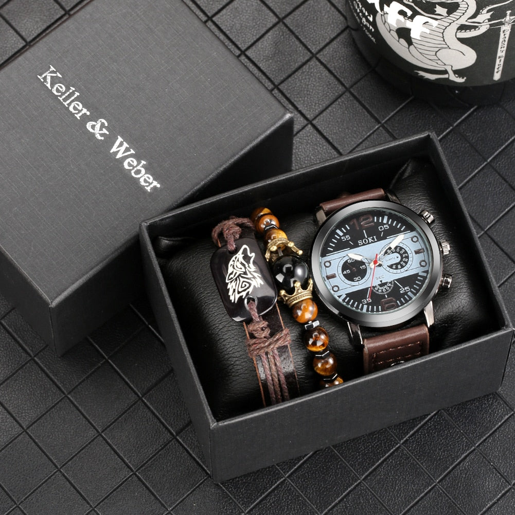 Personality Men's Watch Bracelets Gift Set Luxury Leather Quartz Date Watches with Box for Boyfriend Gifts Idea for Father's Day