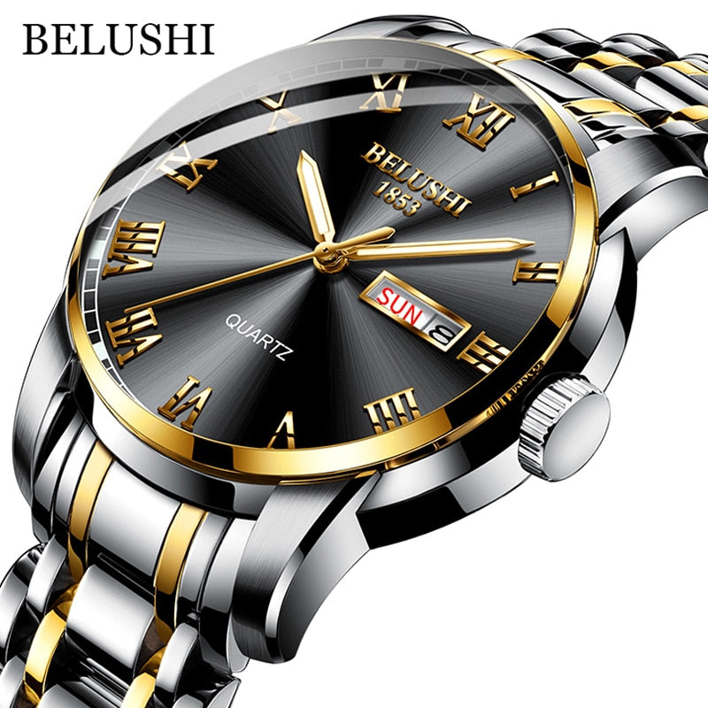 BELUSHI Montre de Luxe pour Homme, Acier Inoxydable, Horloge de Date, Étanche, Lumineuse, Quartz, Sport