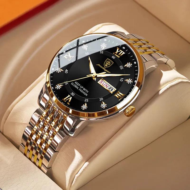 Casual Sport Chronograph Men's Watches Stainless Steel Band Wristwatch Big Dial Quartz Clock with Luminous Pointers+box